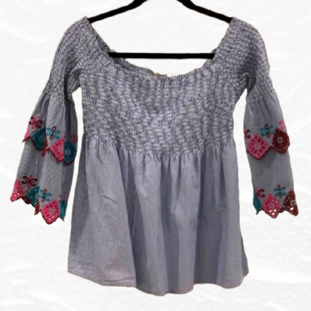 Loft Off-Shoulder Striped Top with 3/4 Embroidered Sleeves - Picture 2 of 4
